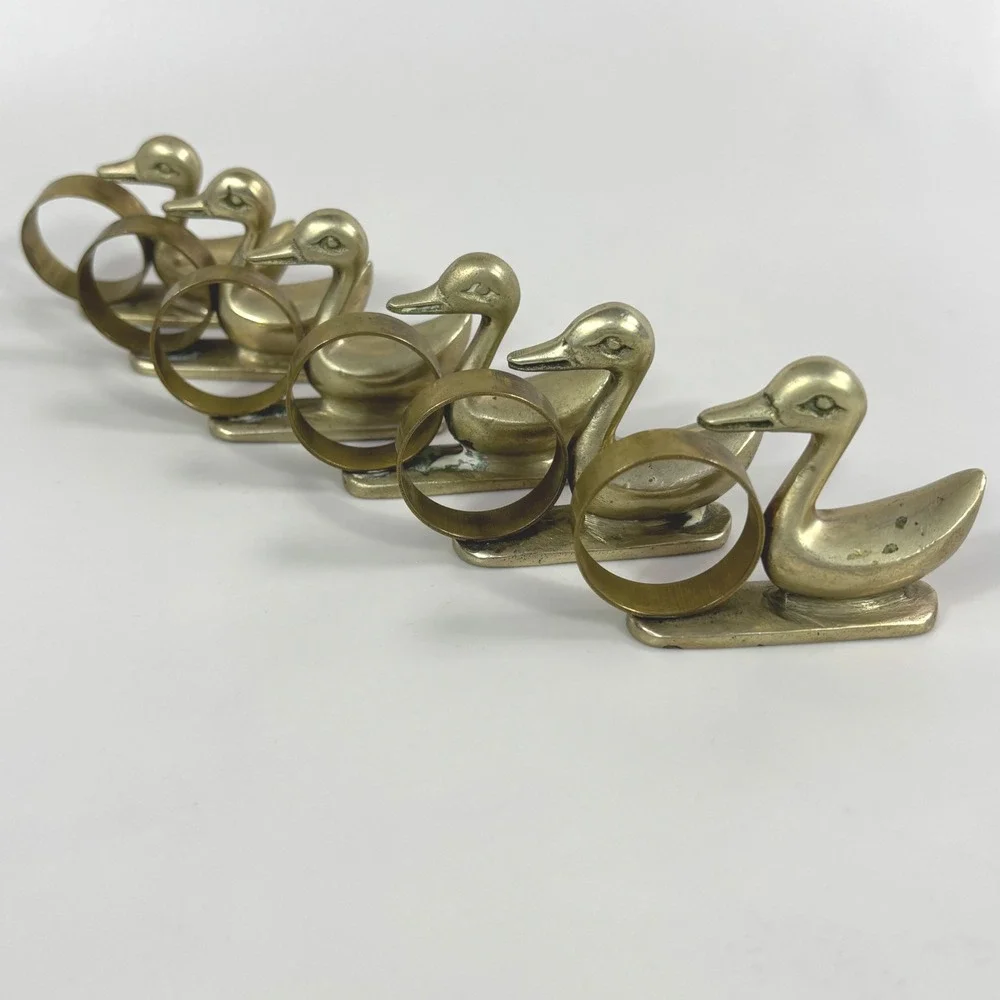 Vintage Solid Brass Duck Napkin Rings Set of 6 Gold Tone Figural Korea Decor
